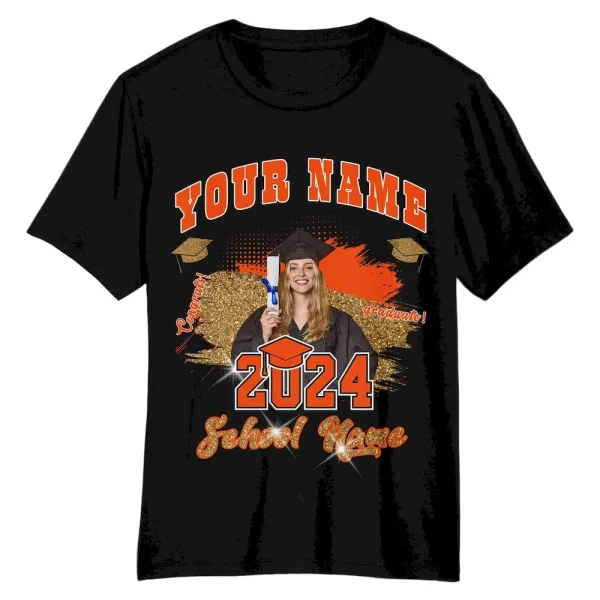 Custom Black Orange-White 3D Graduation Performance T-Shirt OYZ_18376648