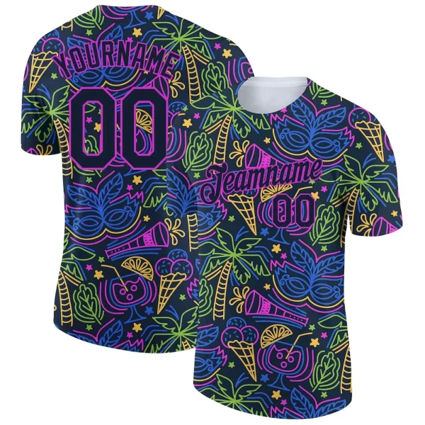 Custom Navy Purple 3D Pattern Design Hawaii Summer Holiday Party Performance T-Shirt IRS_16806383