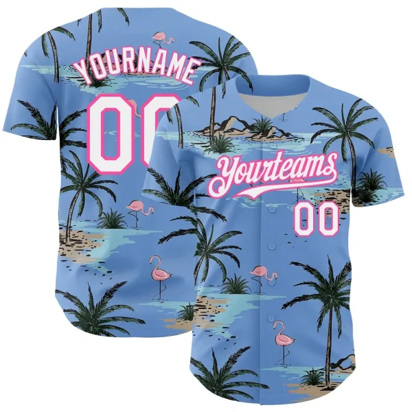 Custom Light Blue White-Pink 3D Pattern Design Tropical Hawaii Palm Trees Authentic Baseball Jersey BFH_92949182