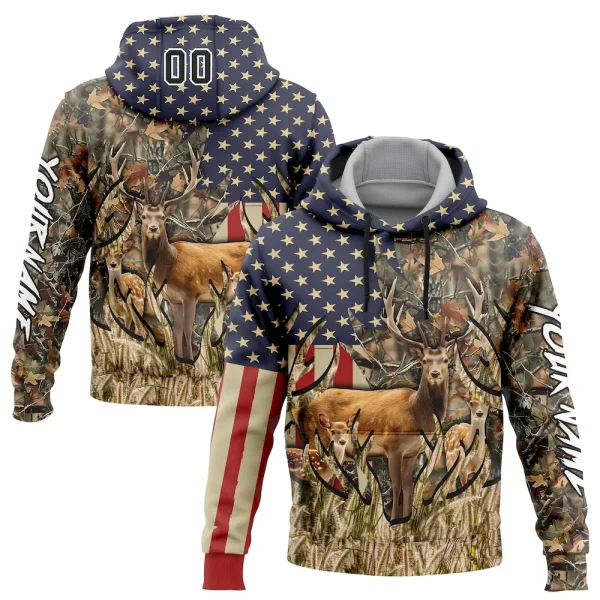Custom Stitched Camo Black-White 3D American Flag And Deer Hunting Sports Pullover Sweatshirt Hoodie IJK_64179948