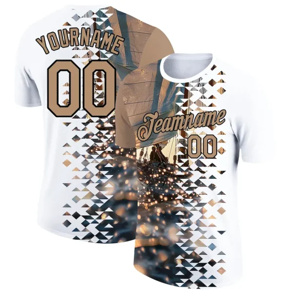 Custom White Old Gold-Black 3D Pattern Design Sailing Ship Columbus Day Performance T-Shirt NOR_87947011