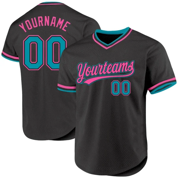 Custom Black Teal-Pink Authentic Throwback Baseball Jersey JUX_48298314