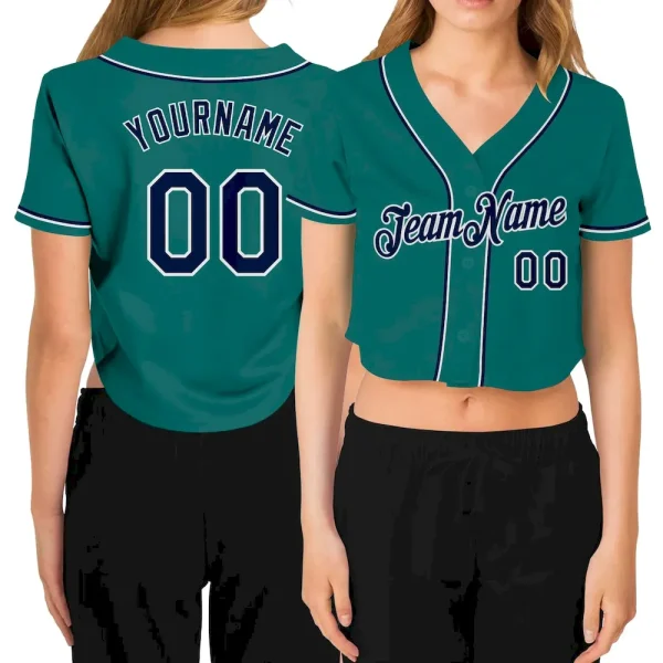 Custom Women's Aqua Navy-White V-Neck Cropped Baseball Jersey KRW_15563294