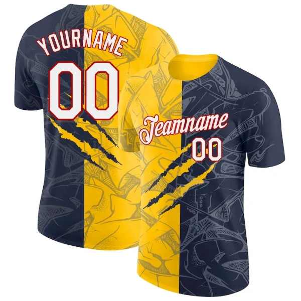 Custom Graffiti Pattern Navy Yellow-Red Scratch 3D Performance T-Shirt DES_23278339