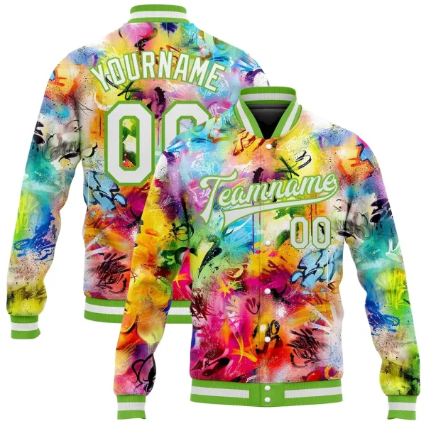 Custom Graffiti Pattern White-Neon Green Scratch 3D Bomber Full-Snap Varsity Letterman Jacket GIL_30037942