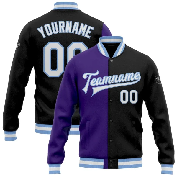 Custom Black White Purple-Light Blue Bomber Full-Snap Varsity Letterman Split Fashion Jacket FMX_90193203