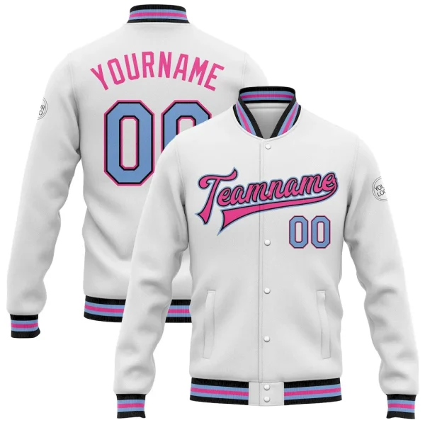 Custom White Light Blue Black-Pink Bomber Full-Snap Varsity Letterman Jacket DRS_42902480
