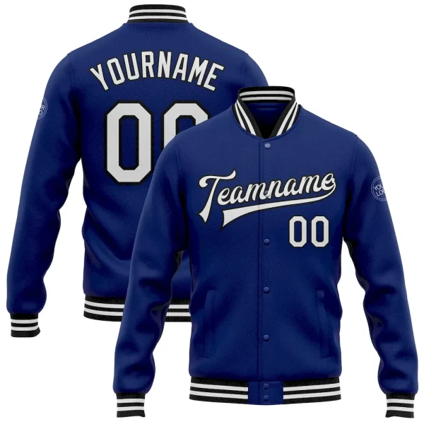 Custom Royal White-Black Bomber Full-Snap Varsity Letterman Jacket CKM_64838888