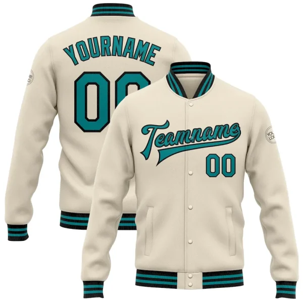 Custom Cream Teal-Black Bomber Full-Snap Varsity Letterman Jacket BLT_25363313