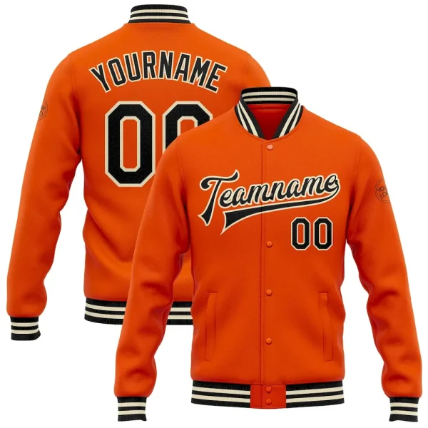 Custom Orange Black-Cream Bomber Full-Snap Varsity Letterman Jacket DGX_69949287