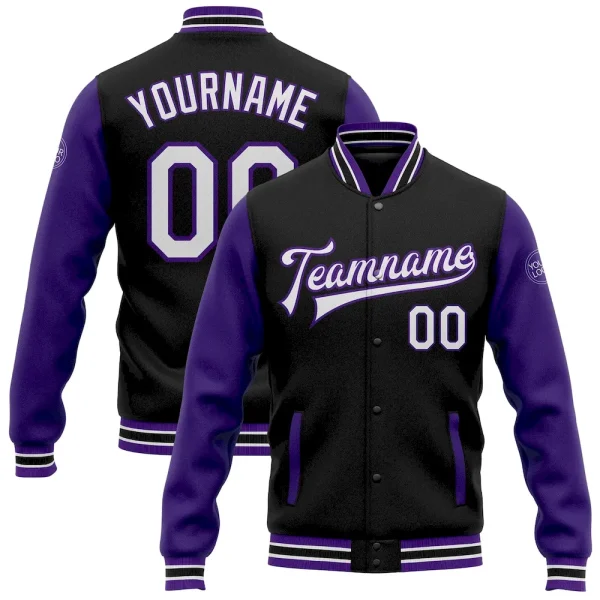 Custom Black White-Purple Bomber Full-Snap Varsity Letterman Two Tone Jacket MRZ_73880320