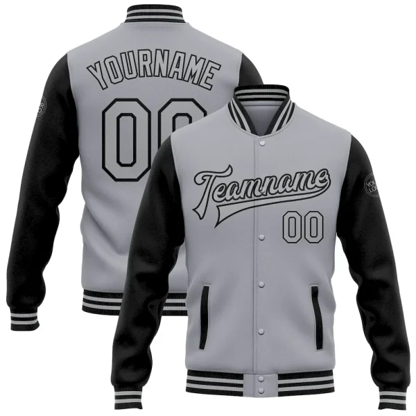 Custom Gray Black Bomber Full-Snap Varsity Letterman Two Tone Jacket LOT_93845333