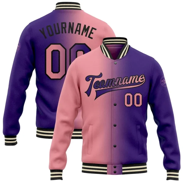 Custom Purple Medium Pink-Black Bomber Full-Snap Varsity Letterman Gradient Fashion Jacket DJK_46073204