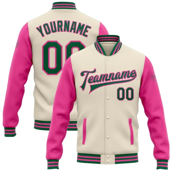 Custom Cream Kelly Green-Pink Bomber Full-Snap Varsity Letterman Two Tone Jacket FKQ_56922636