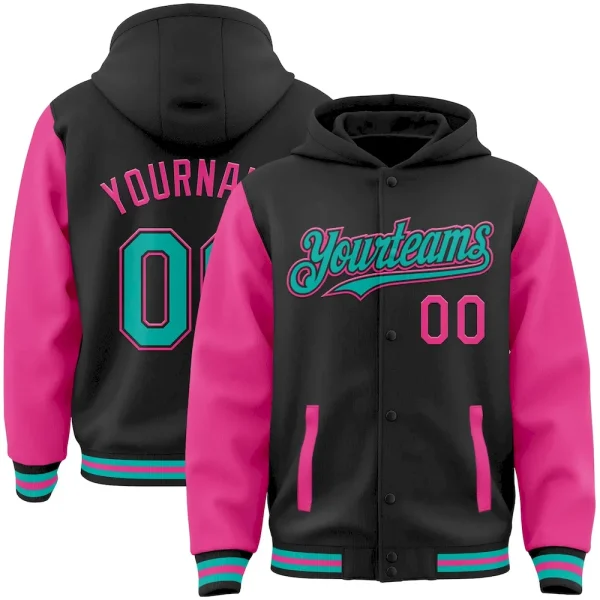 Custom Black Aqua-Pink Bomber Full-Snap Varsity Letterman Two Tone Hoodie Jacket ITX_63065296