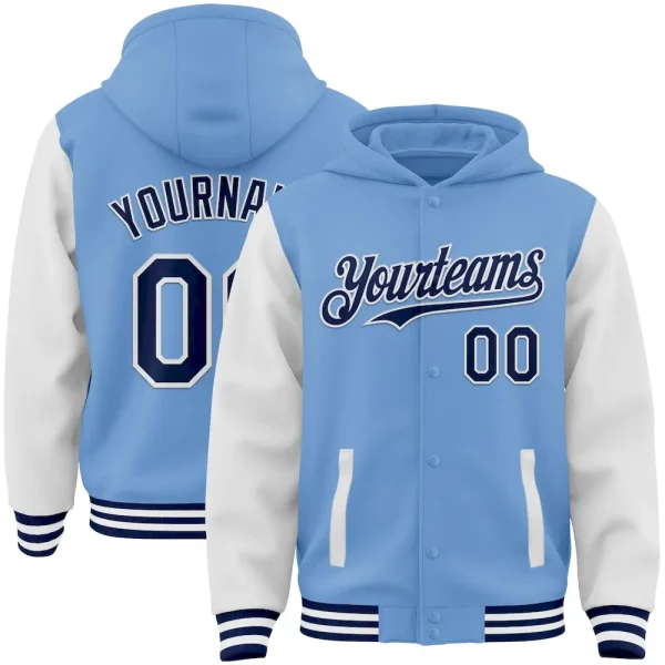Custom Light Blue Navy-White Bomber Full-Snap Varsity Letterman Two Tone Hoodie Jacket QRV_70042843