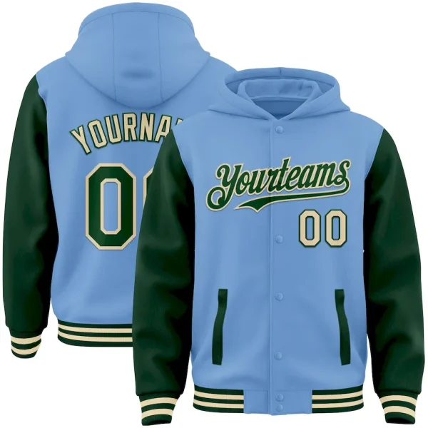 Custom Light Blue Green-Cream Bomber Full-Snap Varsity Letterman Two Tone Hoodie Jacket KOT_39443985