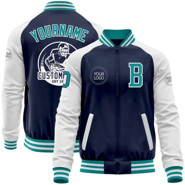 Custom Navy Teal-White Bomber Varsity Letterman Two Tone Zipper Jacket HNY_17621572