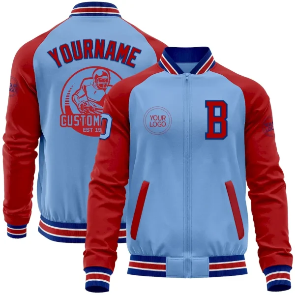 Custom Light Blue Royal-Red Bomber Varsity Letterman Two Tone Zipper Jacket AIP_70835331
