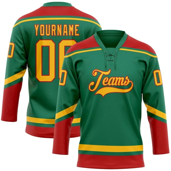Custom Kelly Green Gold-Red Hockey Lace Neck Jersey DFY_90561764