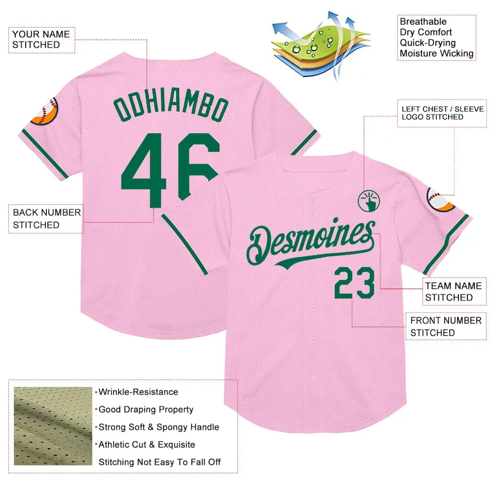 Custom Light Pink Kelly Green Mesh Authentic Throwback Baseball Jersey CJT_76759282 - Image 3