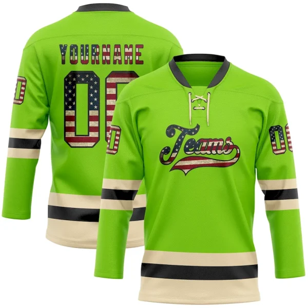 Custom Neon Green Vintage USA Flag Black-Cream Hockey Lace Neck Jersey LOZ_89698881