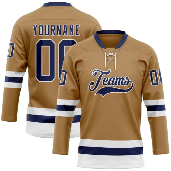 Custom Old Gold Navy-White Hockey Lace Neck Jersey CLR_81213194