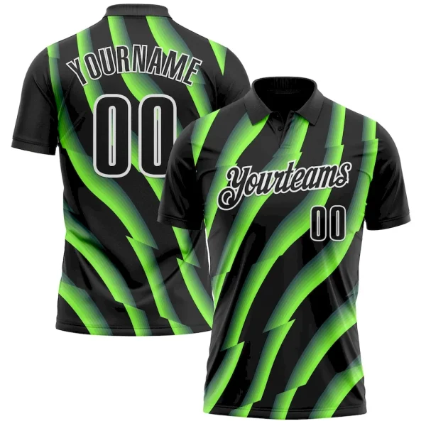 Custom Black Neon Green-White 3D Bowling Geometric Shape Performance Polo Shirt DGU_61776360