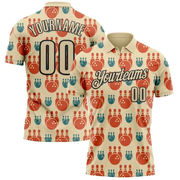 Custom Cream Black 3D Bowling Performance Polo Shirt JVW_51683153