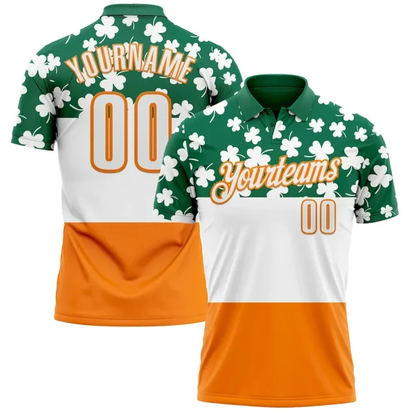 Custom Kelly Green White-Bay Orange 3D St. Patrick's Day Shamrock Performance Polo Shirt HJU_41255301