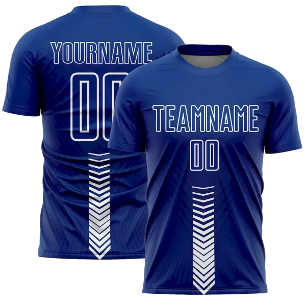Custom Royal White Arrow Shapes Sublimation Soccer Uniform Jersey BOY_73214862