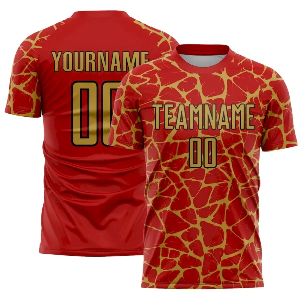Custom Red Old Gold-Black Abstract Network Splash Sublimation Soccer Uniform Jersey LOQ_69883013