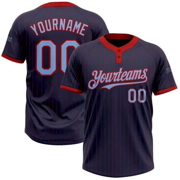 Custom Navy Red Pinstripe Light Blue Two-Button Unisex Softball Jersey QSU_61410168